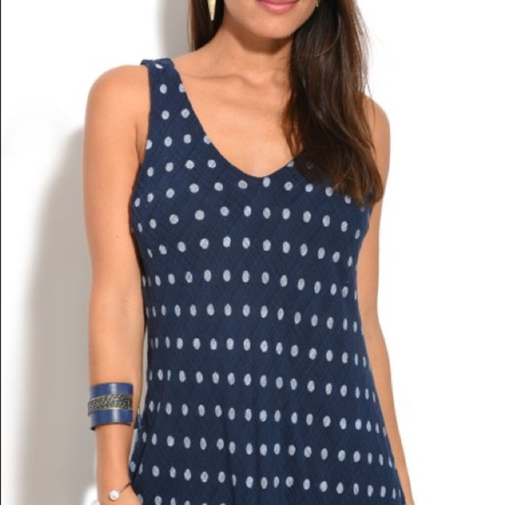 Blue polka dot linen tieredhem dress made in Italy